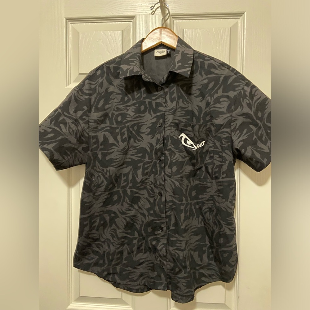 No Fear Top Women Small Blouse Shirt Retro 90s Skater Surf All Over Print AOP